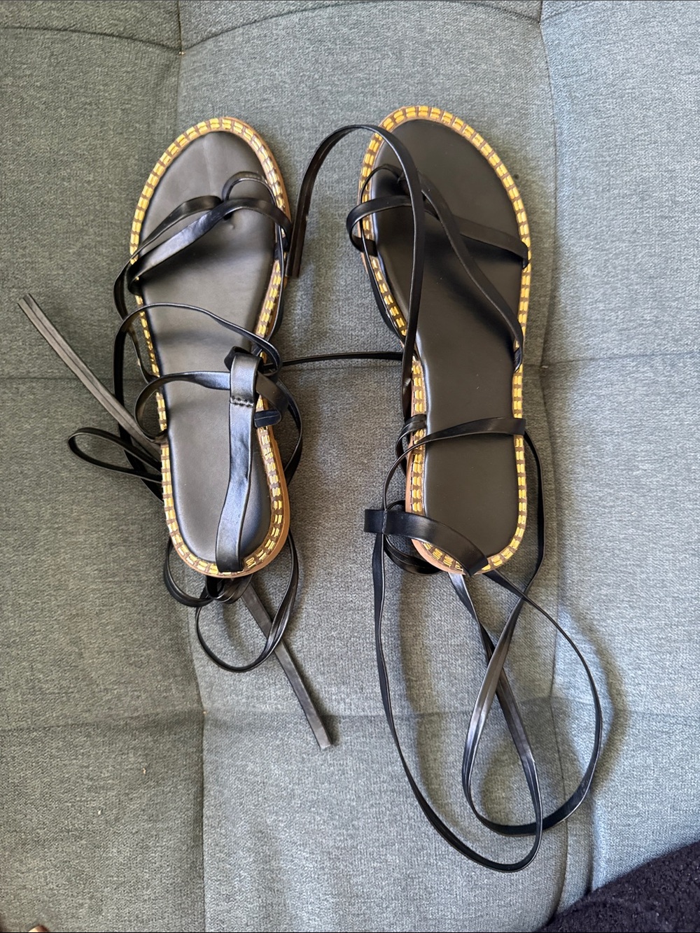SHEIN Black Lace-Up Flat Sandals with Woven Trim